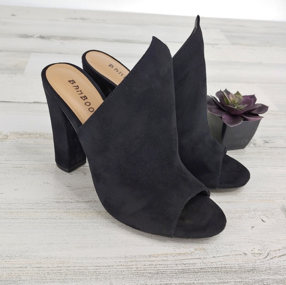 BAMBOO Shoes - Bamboo Heeled Mules Peep Toe Velvet